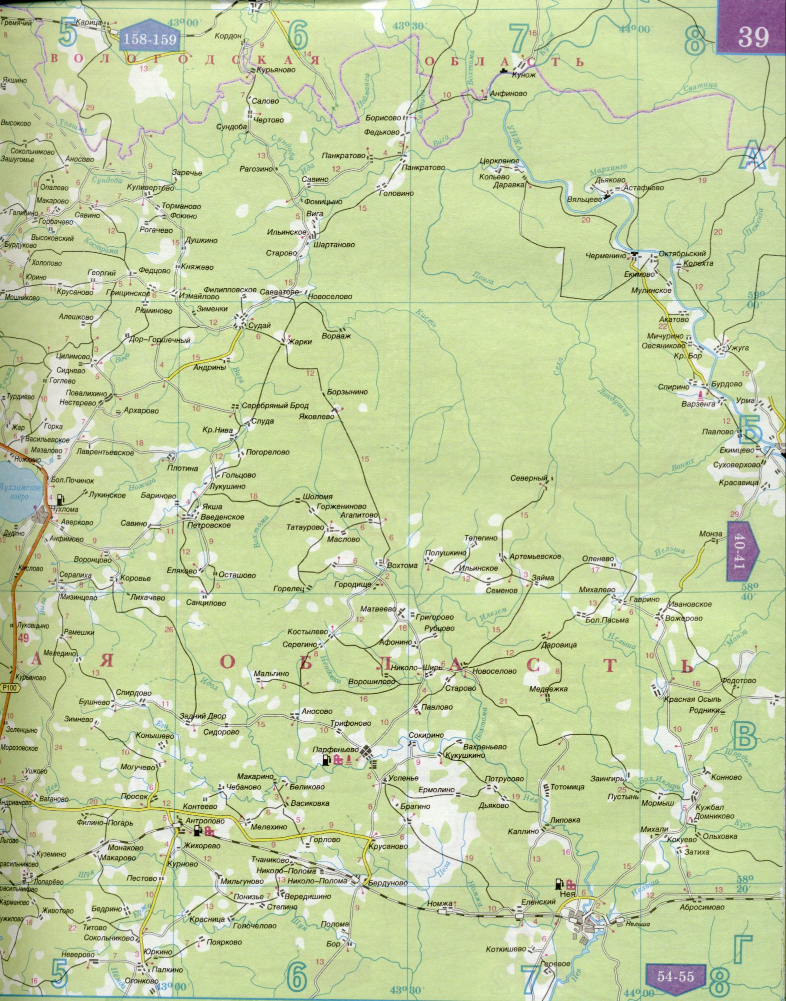 Карта Костромской области 1см=5км. Карта автомобильных дорог Костромская область. Скачать бесплатно подробную карту , B0 - Унжа