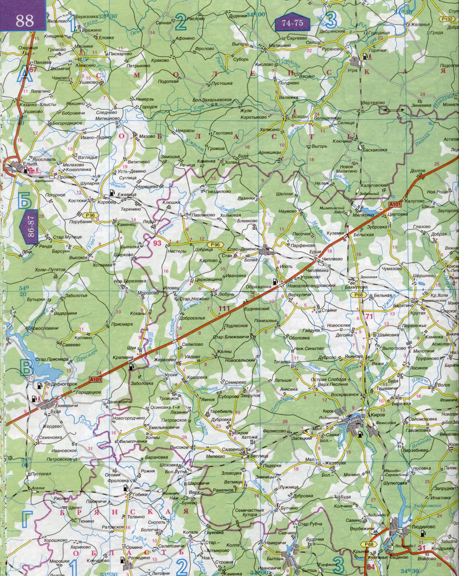 Карта Калужской области 1см=5км. Карта автомобильных дорог Калужская область. Скачать бесплатно подробную карту , A0 - Ельня