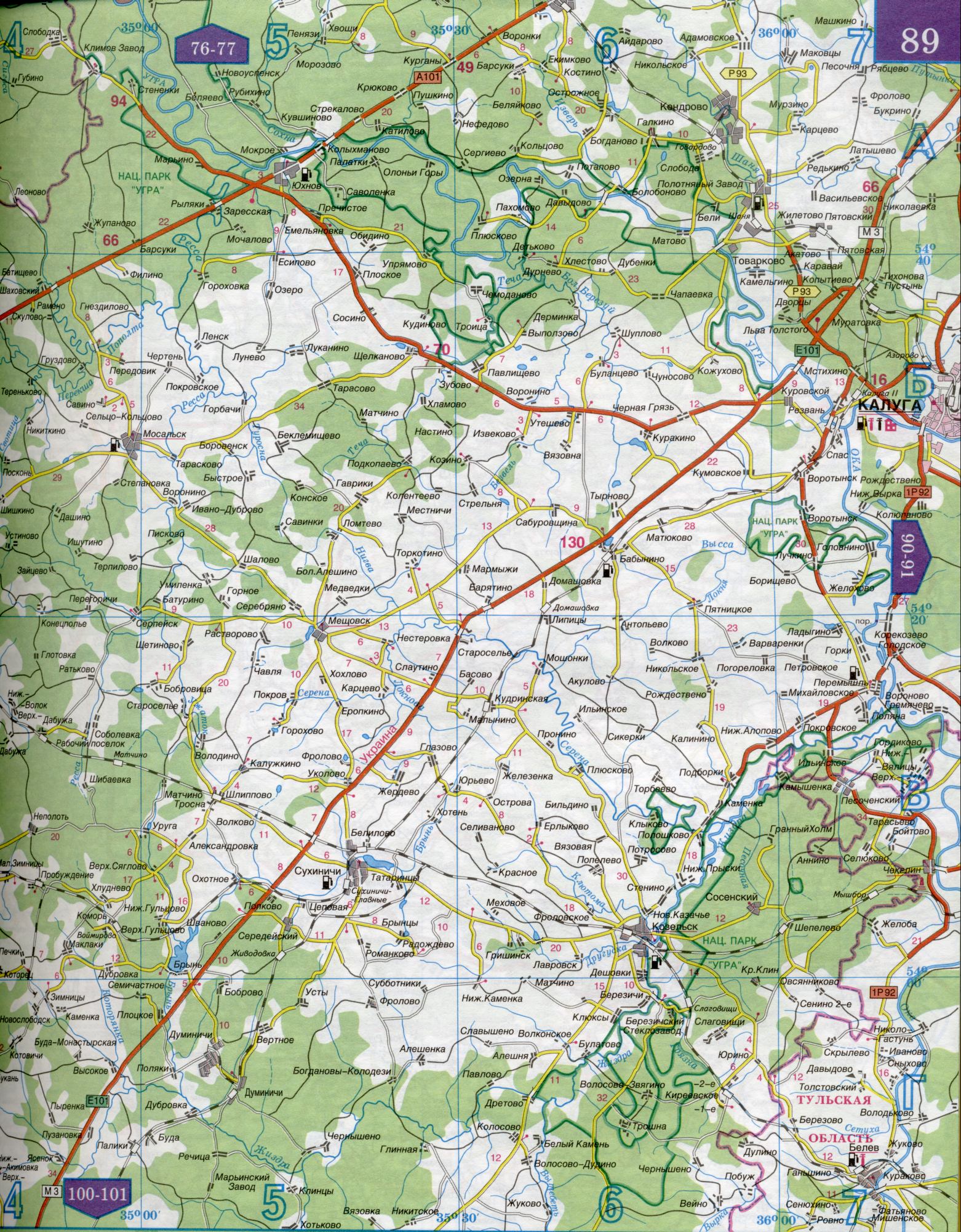Карта Калужской области 1см=5км. Карта автомобильных дорог Калужская область. Скачать бесплатно подробную карту , B0 - река Угра